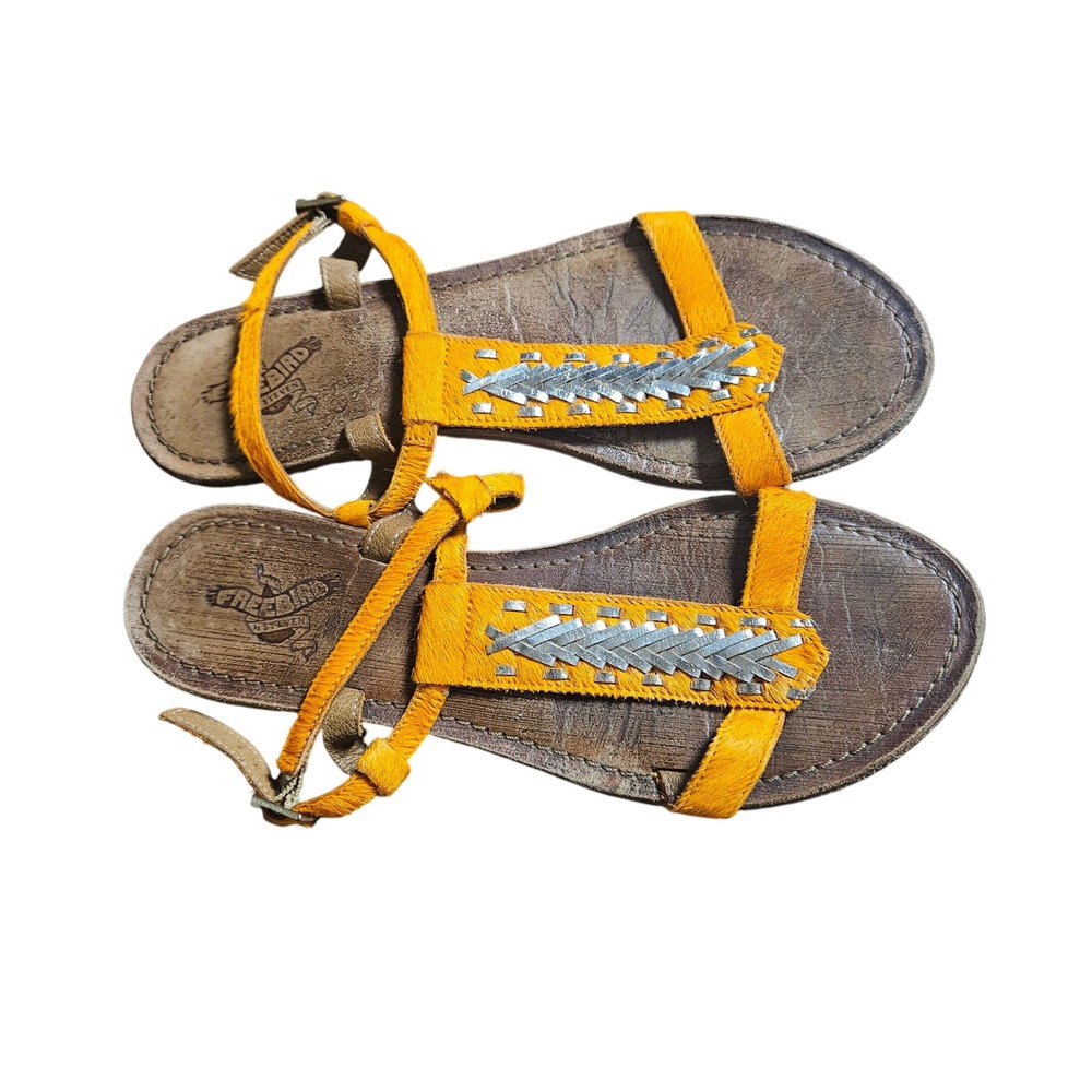 Freebird by Steven Gulf Huarache Sandal Shoes Calf Hair Metallic T-Strap 10 Boho